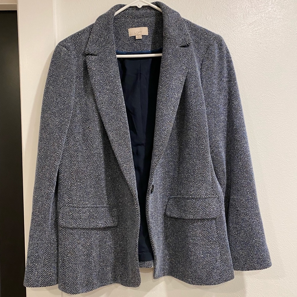 LOFT 14P Navy Houndstooth Chevron Tweed Blazer